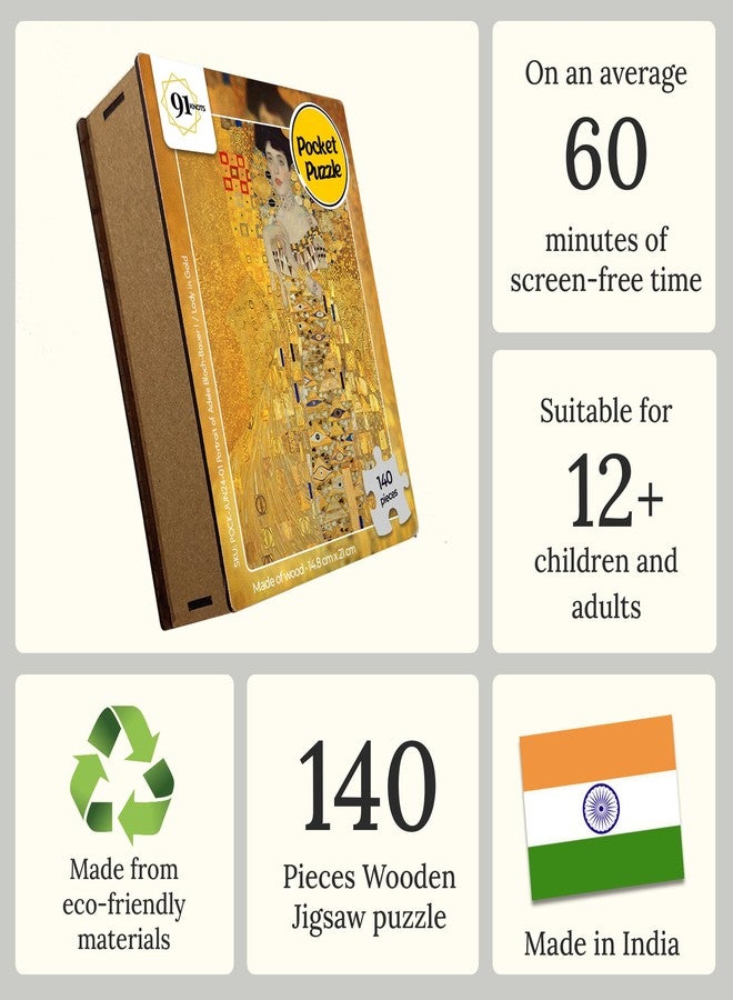 91Knots | Gustav Klimt - The Lady in Gold (Portrait of Adele Bloch-Bauer I) 140pcs Wooden Art Puzzle | Classical Painting Jigsaw for Adults & Teens | Mindful Brain Teaser - Image 3